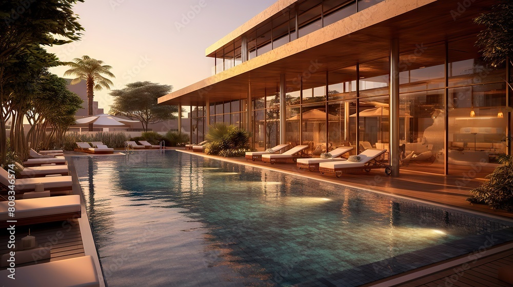 Luxurious Hotel Resort with Infinity Pool at Sunset, Exotic Ambiance and Serene Setting