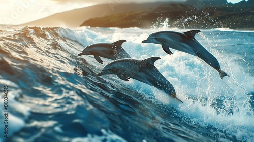 Three beautiful dolphins jumping over breaking waves. Hawaii Pacific Ocean wildlife scenery. Marine animals in natural habitat. © somneuk