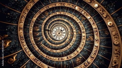 Intricate Golden Spiral Clock on Dark Starry Background  A Concept of Infinity and Time