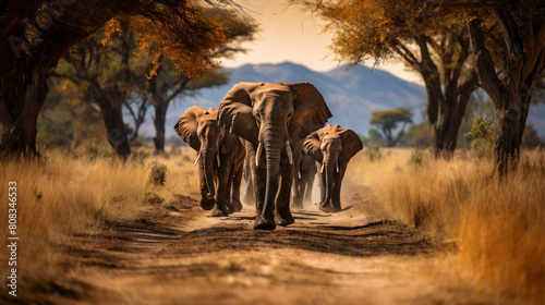 Majestic Herd of Elephants Walking Through African Savanna Under Golden Trees