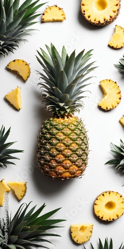 Pineapple fruits with crown on white. Food background. Top view