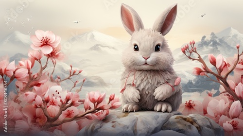 Adorable Rabbit Surrounded by Blossoming Pink Flowers in a Serene Mountain Landscape