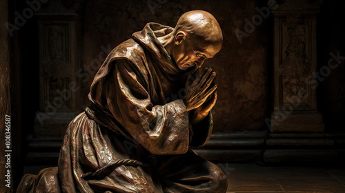 Medieval Monk Praying in a Dimly Lit Monastery Chapel, Capturing Solemnity and Spirituality