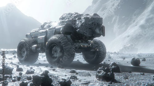 A rover designed for extraterrestrial exploration maneuvers through rocky ground amid a landscape of snow and towering mountains photo