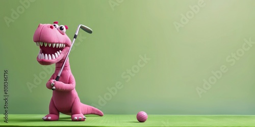 Pink Dino playing golf, copy space, green background  photo