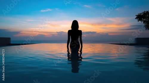 Silhouette of a Woman Relaxing in Infinity Pool at Sunset