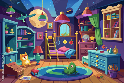 Colorful cartoon illustration of a child s bedroom at night  decorated with a space theme including a starry wallpaper  a telescope pointing out of a window  scattered toys