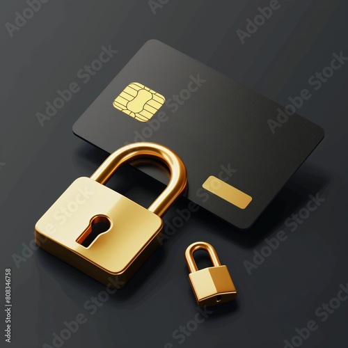 3d icon of a black and golden credit card and little gold padlocks beside. Black background