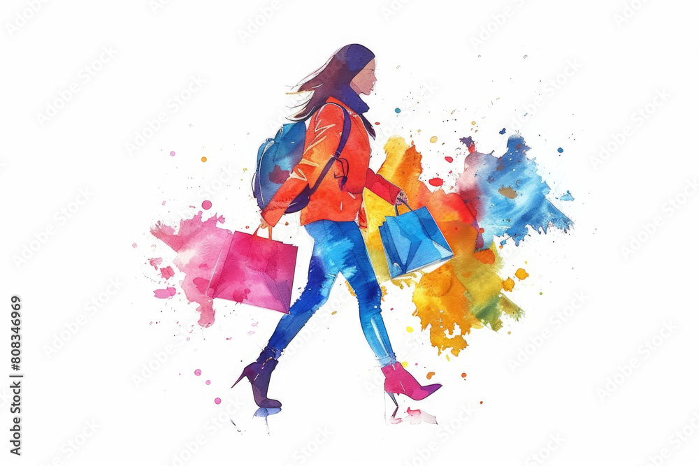 A watercolor painting depicting a woman carrying multiple shopping bags A watercolor painting depicting a woman carrying multiple shopping bags