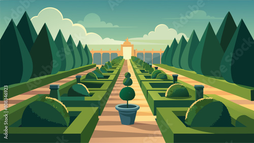 The garden is impeccably manicured with meticulously trimmed hedges and perfectly lined pathways reflecting the Stoic emphasis on order and. Vector illustration