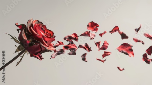 A visual metaphor using a wilting rose losing its petals to represent loss and the inevitable passage of beauty and life