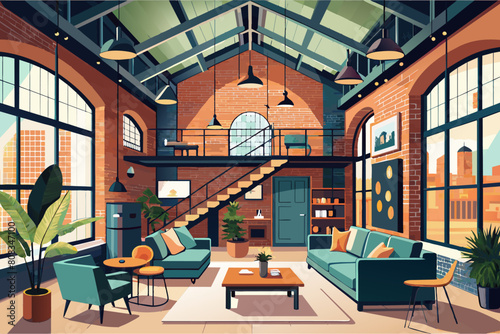 modern loft living room with exposed brick walls, large windows, and a high ceiling. The room features a green sectional sofa, various plants, a geometric coffee table, and stylish lighting fixtures.