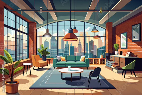 loft living room with large windows offering a cityscape view, featuring exposed brick walls, wooden floors, modern furniture including a green sofa, an orange armchair, and a wooden coffee table,