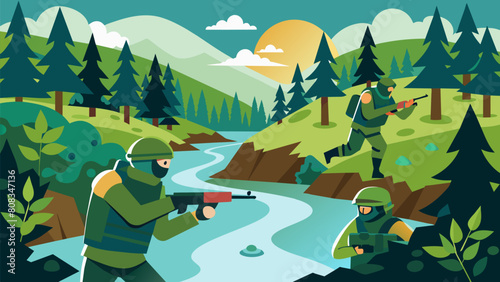 Rivers and streams running through the forest add an extra element of challenge for the airsoft teams who must carefully navigate the terrain while. Vector illustration