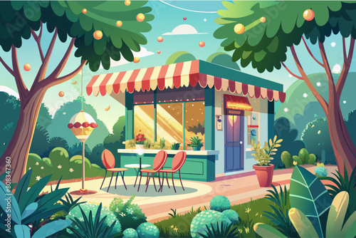 Colorful illustration of a quaint outdoor cafe nestled among lush greenery and trees, featuring a blue storefront with a striped awning, outdoor seating with red chairs
