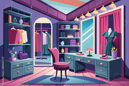Illustration of a stylish walk-in closet with pink walls, featuring a large mirror, a desk with a laptop, a plush stool, and various clothing items and accessories neatly organized.