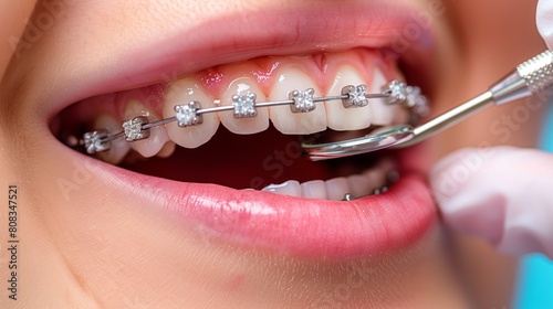 Close- up dental Braces on Teeth. Orthodontic Treatment