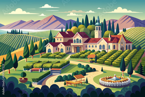 luxurious mansion with multiple roofs and chimneys, surrounded by manicured gardens, topiary trees, and a long winding driveway, set against a backdrop of vineyards and distant mountains