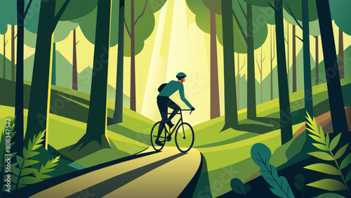 A cyclist riding through a dense forest the sunlight filtering through the trees and casting dappled shadows on the path.. Vector illustration