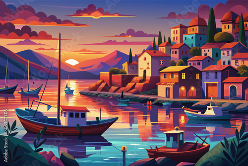 Colorful illustration of a quaint coastal village at sunset, featuring small houses with red roofs clustered on hillsides, a calm harbor with boats, and mountains in the background under a cloudy sky photo