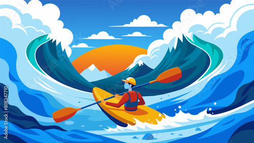 A symphony of water surrounds the kayaker as they dance through the twists and turns of the rapid descent.. Vector illustration