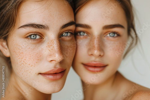 Closeup portrait of two attractive young women twin sisters with freckles on a light background photo