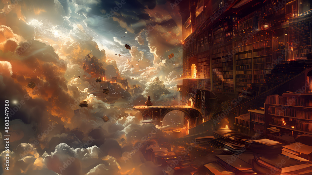 Apocalyptic fantasy scene with floating books and ruins against a dramatic sky
