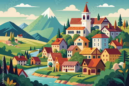 Colorful, stylized illustration of a quaint village with various houses and a prominent church, nestled in a lush valley with a river, surrounded by forested hills and mountains in the background.