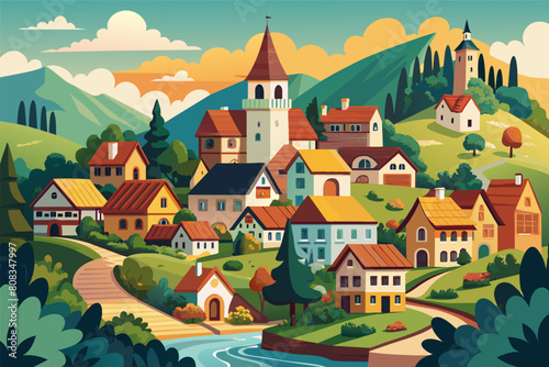 Colorful, stylized illustration of a quaint village with various houses and a prominent church, nestled in a lush valley with a river, surrounded by forested hills and mountains in the background.