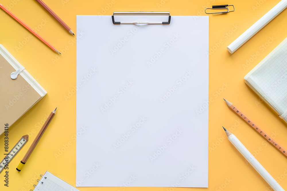 Top view of white paper with creative copy space surrounded by school supplies Top view of white paper with creative copy space surrounded by school supplies