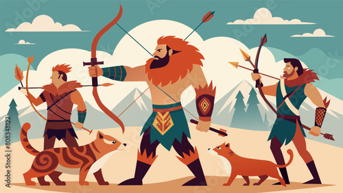 Adorned with intricate tattoos and animal furs the archers embody ancient hunting traditions as they compete in the rugged terrain.. Vector illustration