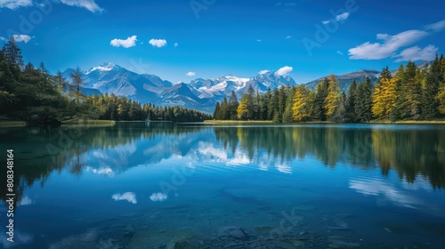 The calm waters of this lake mirror the beauty of the forest dressed in autumn hues against a backdrop of alpine peaks
