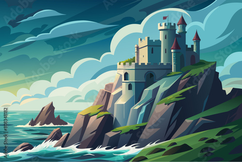 Illustration of a castle with multiple towers on a steep cliff overlooking the sea, with waves crashing against rocks and distant islands visible under a partly cloudy sky.
