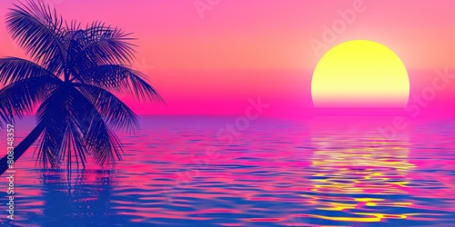 synthwave beach scene, photorealistic sunset over the ocean water 