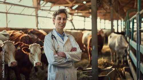 Veterinary in lab robe standing at cowshed photo