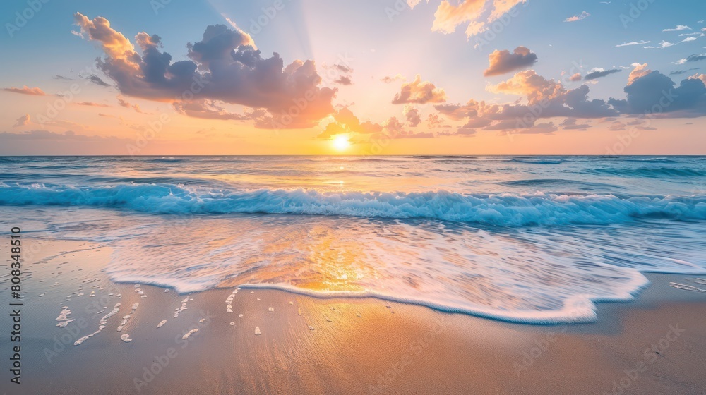 A beautiful sunrise over a sandy beach with waves gently crashing and clouds scattered across the sky A beautiful sunrise over a sandy beach with waves gently crashing and clouds scattered across the sky