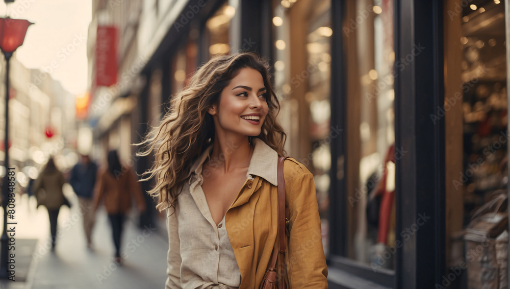 Among stylish boutiques there is smiling girl in clothes of warm colors. Long curly hair frames her portrait, fashionable clothes emphasize taste,  lightness. Bright note of style and peaceful beauty