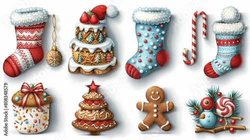 Modern illustration of winter vibrant christmas elements. Collection of christmas cake, light wire, candy cane, gingerbread man, sock, hat. For stickers, cards, posters, invitations, greetings, etc.