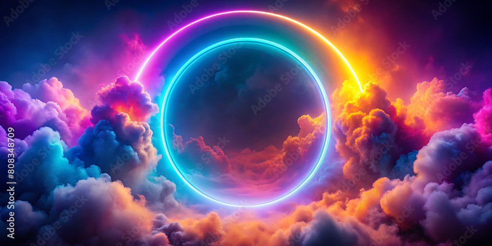Neon ring cloud and rainbow colored clouds on mystic hue background Neon ring cloud and rainbow colored clouds on mystic hue background