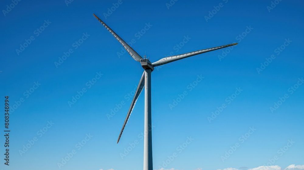 A single majestic wind turbine towers under a vast blue sky, symbolizing renewable energy and environmental conservation A single majestic wind turbine towers under a vast blue sky, symbolizing renewable energy and environmental conservation