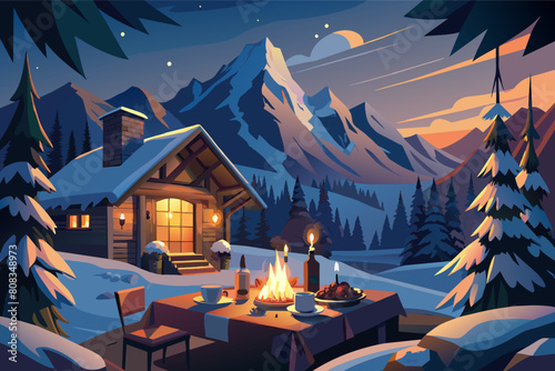Illustration of a cozy mountain cabin at dusk with a lit fireplace and dining table set for a meal, surrounded by snow-covered trees and towering mountains in the background.