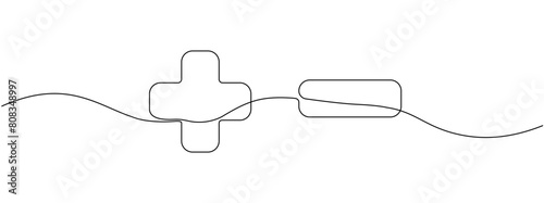 Linear continuous drawing of plus and minus sign . Single editable line drawing of negative and positive icons . Vector Illustration.