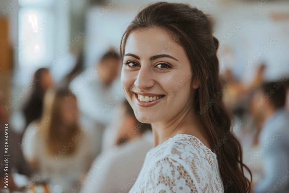 Portrait of a joyful young woman smiling warmly in a softly lit room with blurred social gathering background, depicting happiness, confidence, and the atmosphere of a friendly event Portrait of a joyful young woman smiling warmly in a softly lit room with blurred social gathering background, depicting happiness, confidence, and the atmosphere of a friendly event