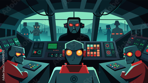 A foreboding control room filled with monitors and dials where the masterminds behind the factory lurk in the shadows..