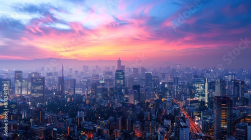 A vibrant sunset illuminates the sky above a densely populated city with numerous skyscrapers and lights