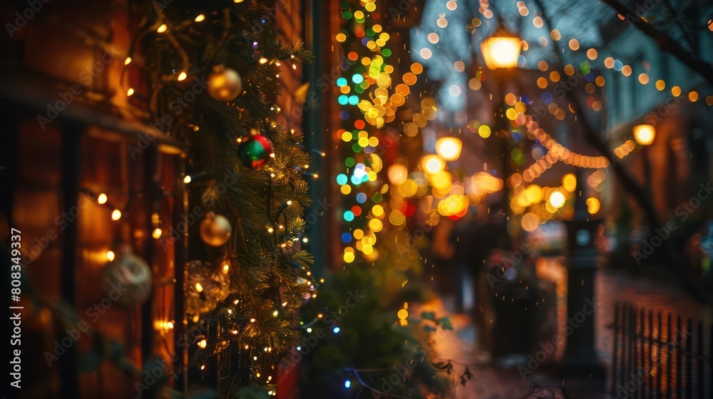 Captivating close-up of festive decorations against a backdrop of colorful blurred lights, perfect for the holiday season