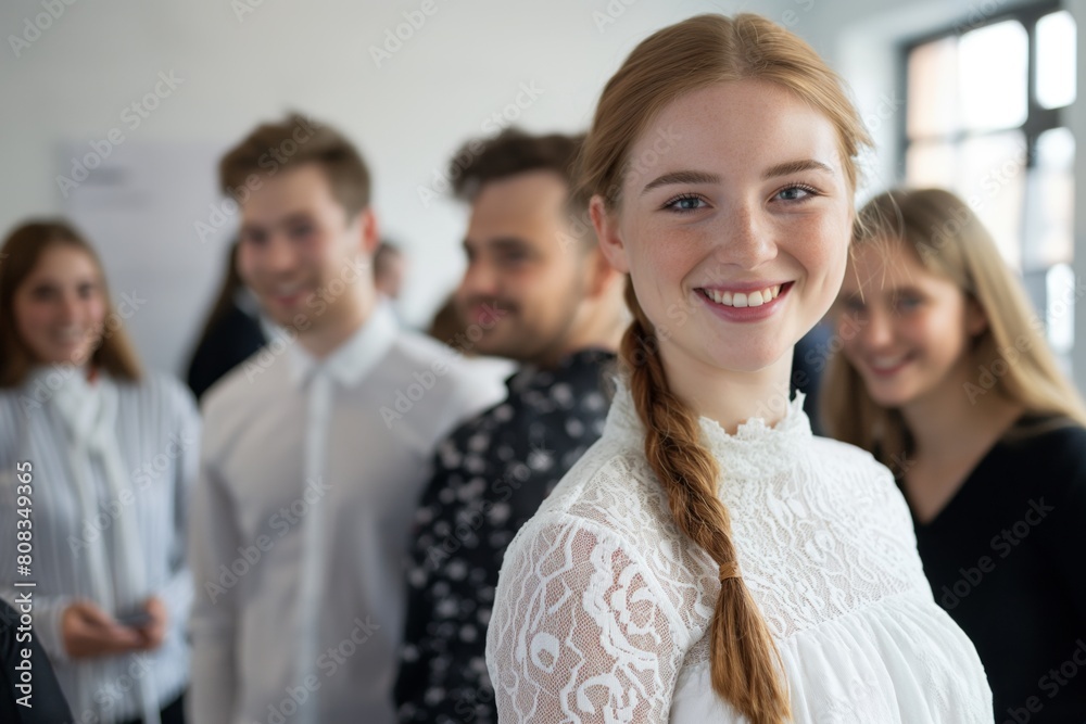 Young woman with a braided hairstyle smiles confidently at the camera while surrounded by a group of blurry smiling colleagues in a bright, modern office setting