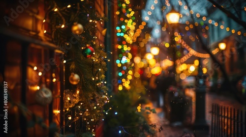 Captivating close-up of festive decorations against a backdrop of colorful blurred lights, perfect for the holiday season © Matthew