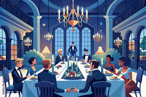 Illustration dinner party in a grand dining room with high ceilings, large windows, and a chandelier, featuring eight people seated around a round table decorated with candles and table settings.