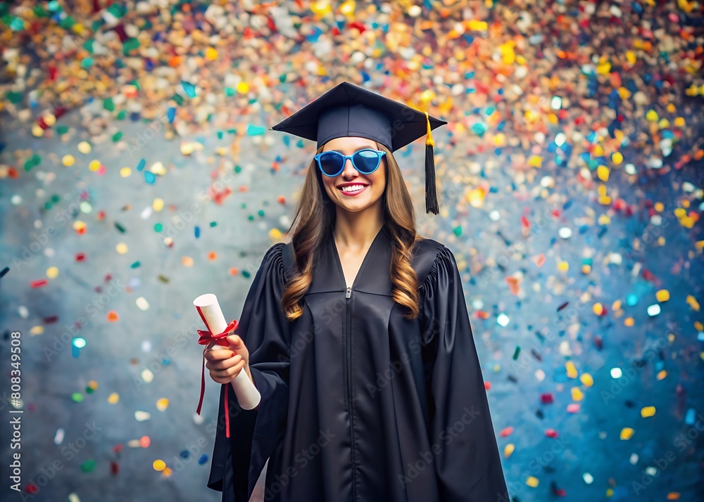 Graduate woman Wearing Black Glasses, Graduation Gown And Cap. Holding ...